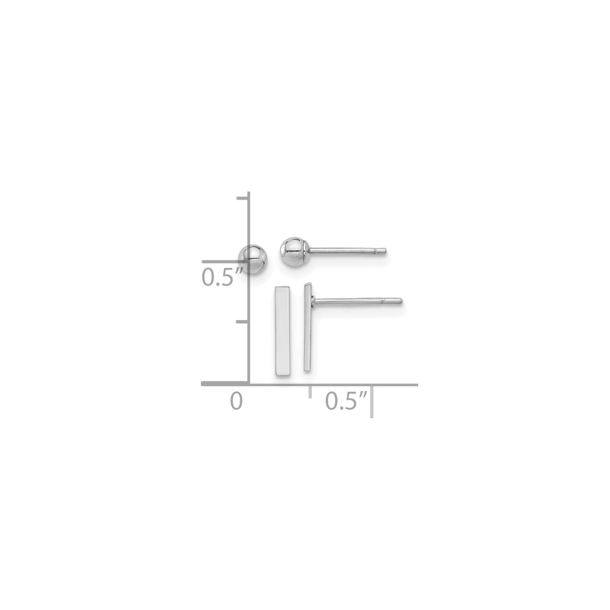 14k White Gold Stud Earrings with Polished Ball and Sleek Bar Design, Minimalist Geometric Style