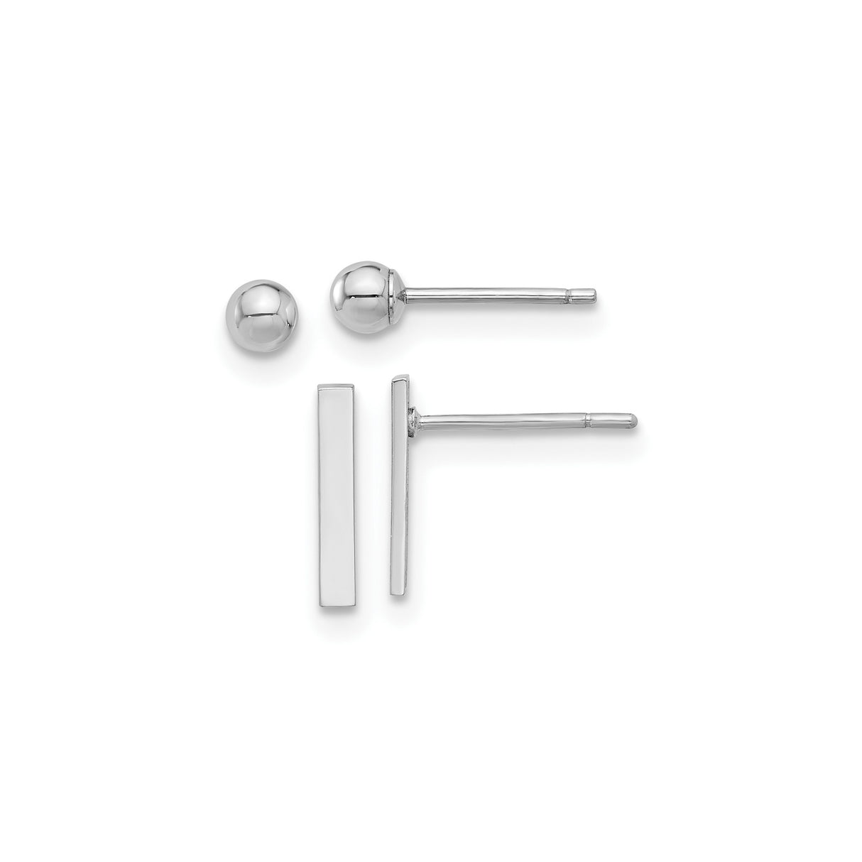 14k White Gold Stud Earrings with Polished Ball and Sleek Bar Design, Minimalist Geometric Style