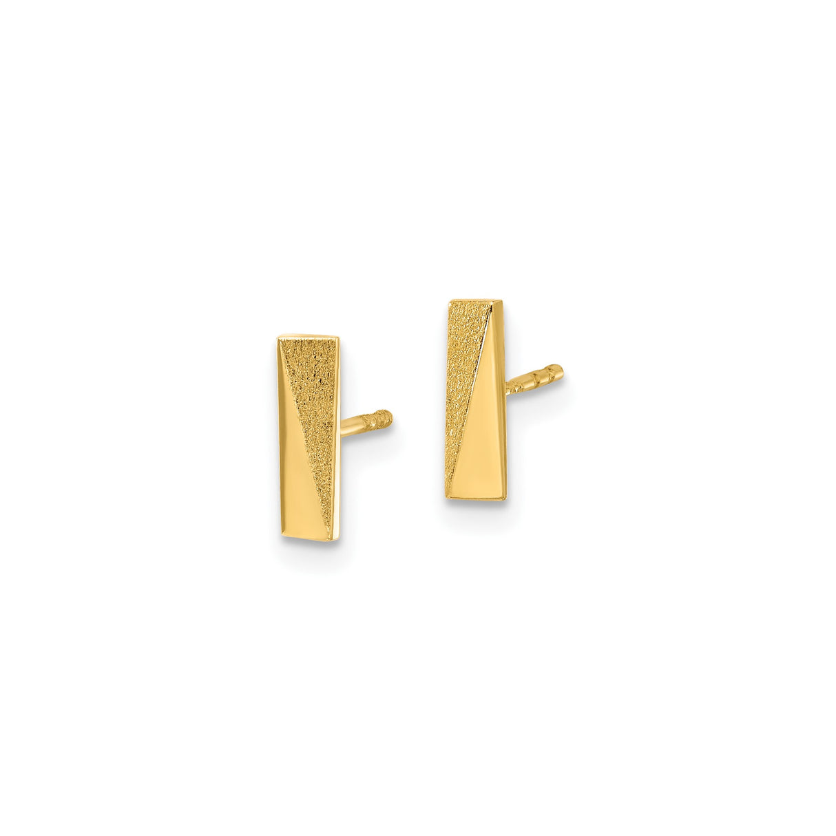 14k Yellow Gold Bar Stud Earrings, Textured and Polished Geometric Design, Minimalist Style