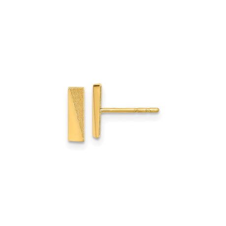 14k Yellow Gold Bar Stud Earrings, Textured and Polished Geometric Design, Minimalist Style