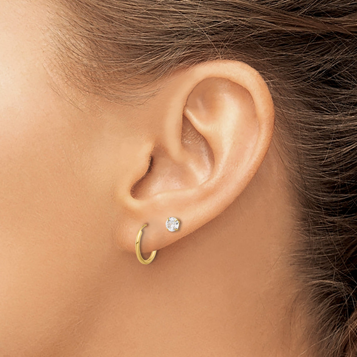 14k Yellow Gold Earring Set, Round Solitaire Cubic Zirconia Studs and Small Polished Hoops