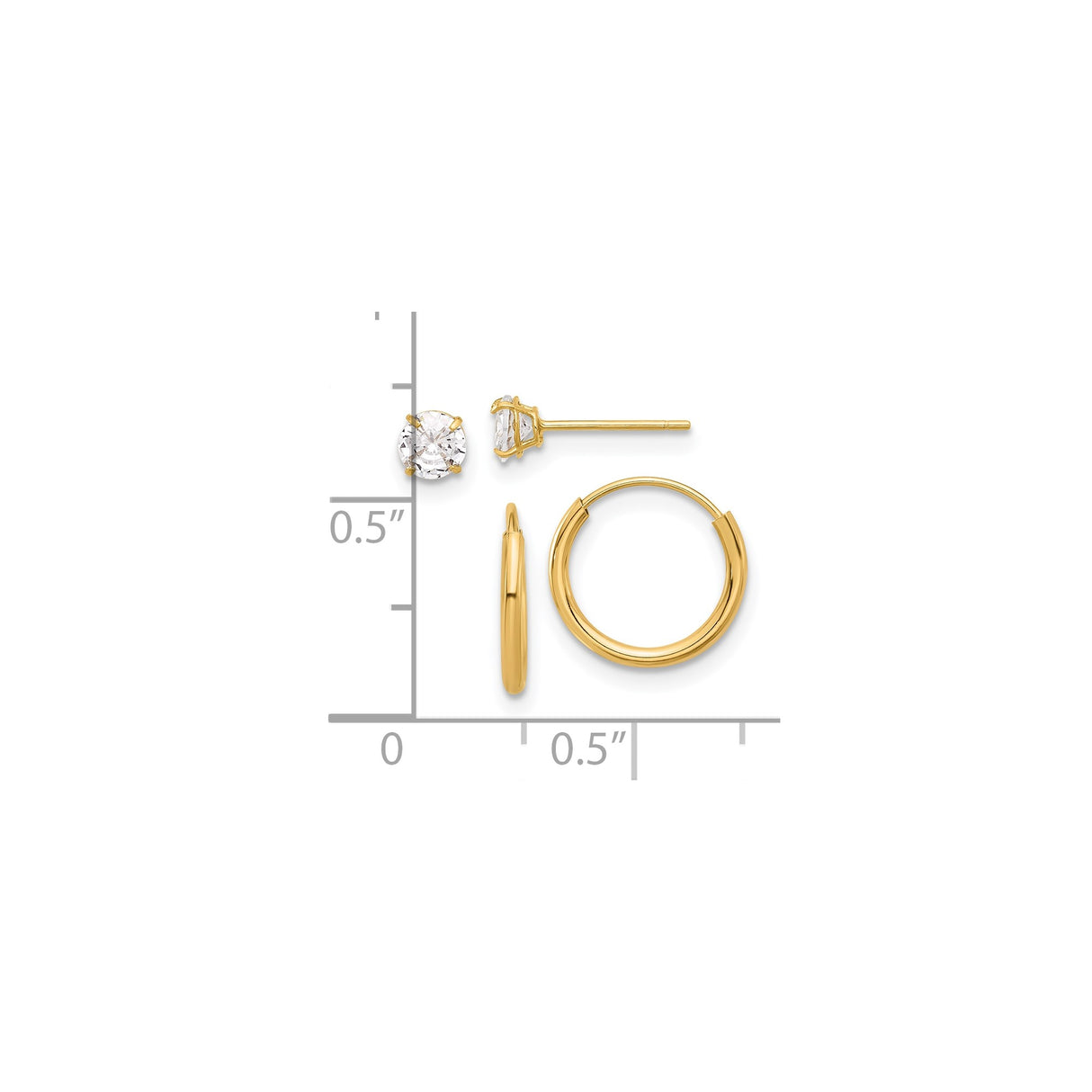 14k Yellow Gold Earring Set, Round Solitaire Cubic Zirconia Studs and Small Polished Hoops