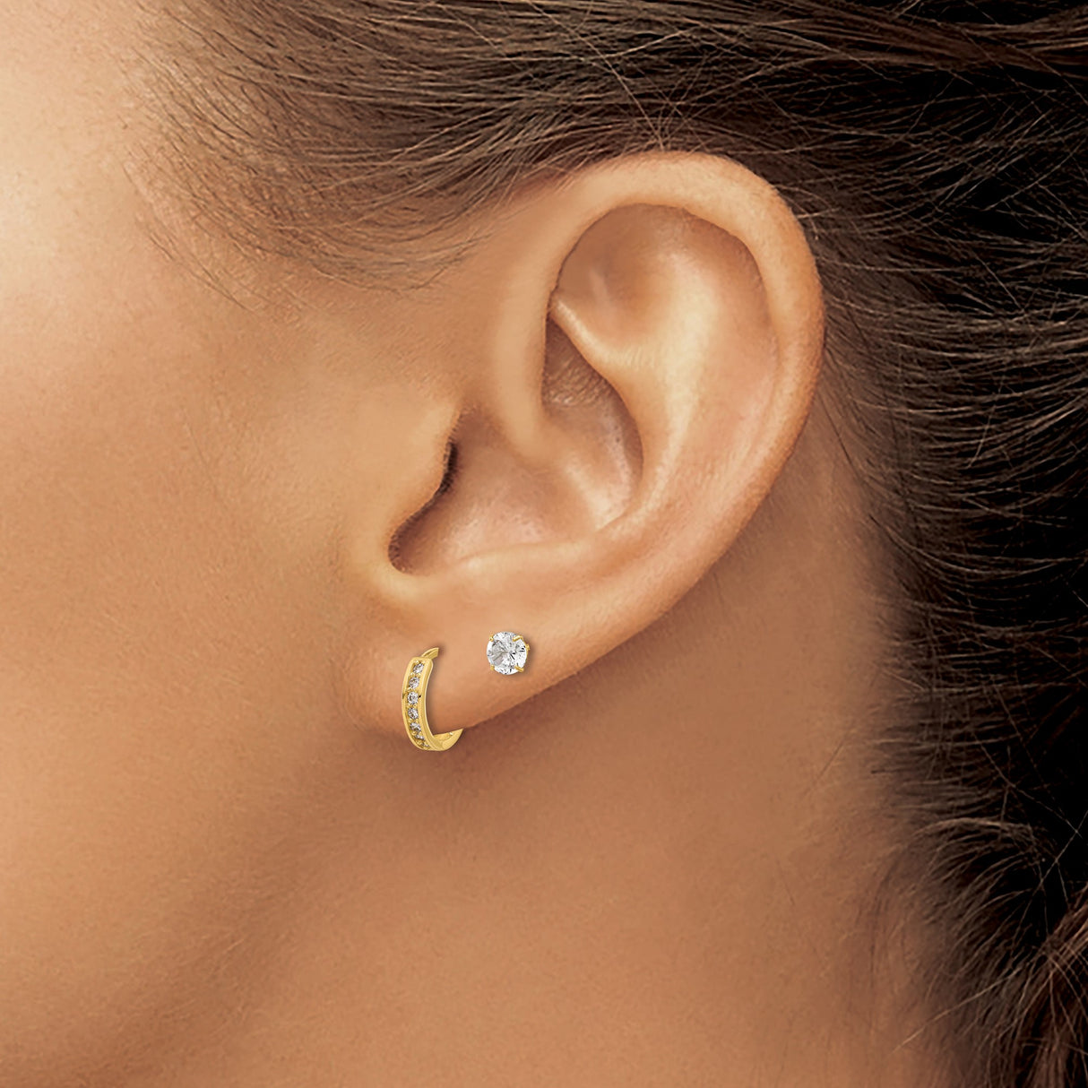 14k Yellow Gold Earrings Set with Cubic Zirconia, Includes Studs and Channel Set Hoops