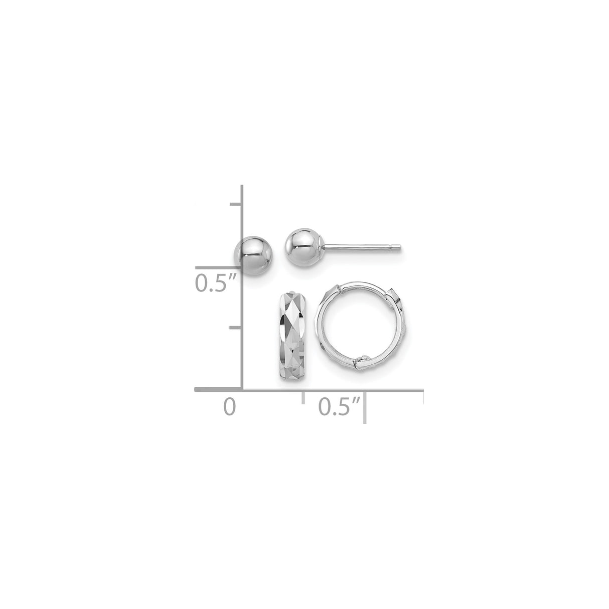 14k White Gold Earring Set with Ball Studs and Faceted Hoop Earrings for Women