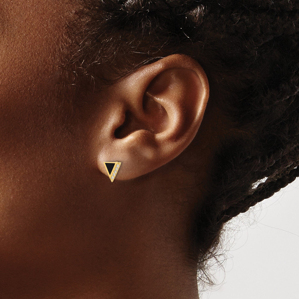 14k Yellow Gold Triangle Stud Earrings with Cubic Zirconia and Black Enamel