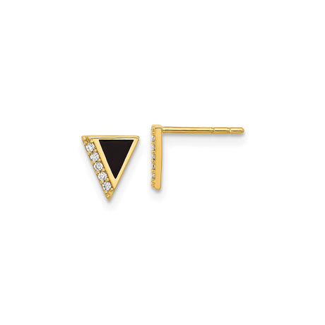 14k Yellow Gold Triangle Stud Earrings with Cubic Zirconia and Black Enamel