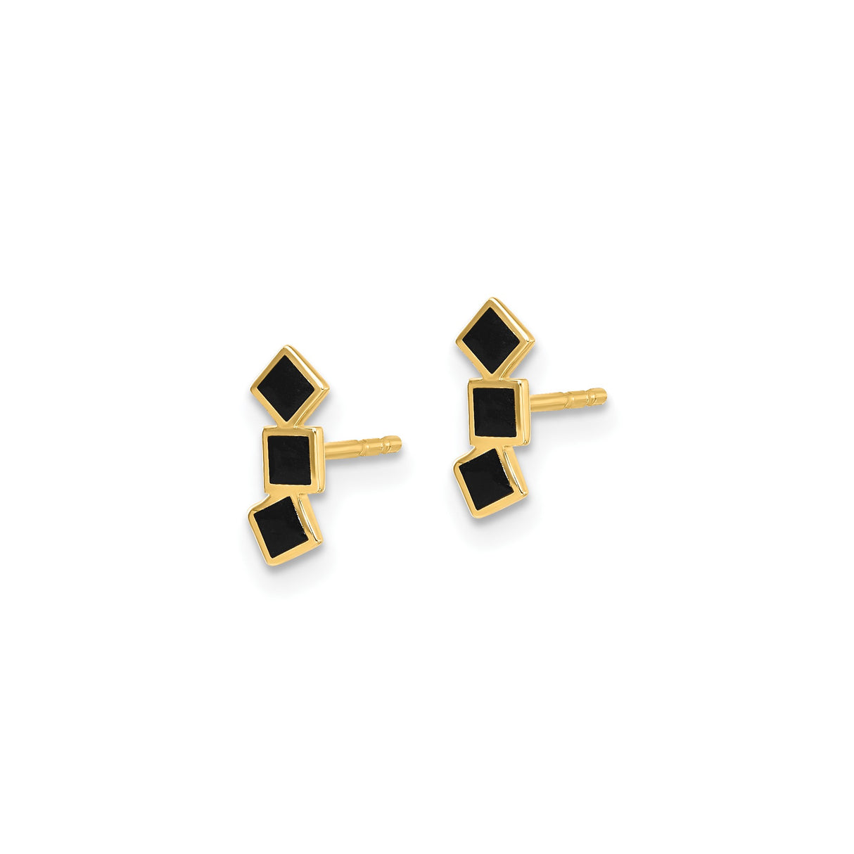 14k Yellow Gold Stud Earrings with Stacked Black Enamel Triangles, Geometric Minimalist Style