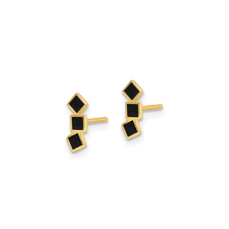 14k Yellow Gold Stud Earrings with Stacked Black Enamel Triangles, Geometric Minimalist Style