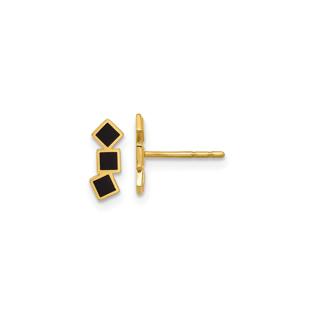14k Yellow Gold Stud Earrings with Stacked Black Enamel Triangles, Geometric Minimalist Style