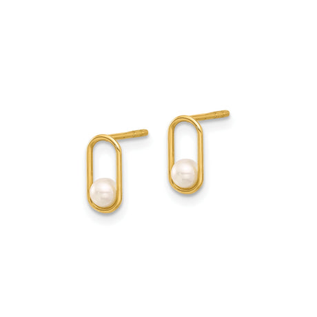 14k Yellow Gold Stud Earrings with Open Oval Design and White Pearl Accent
