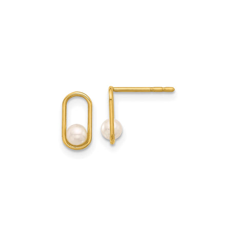 14k Yellow Gold Stud Earrings with Open Oval Design and White Pearl Accent