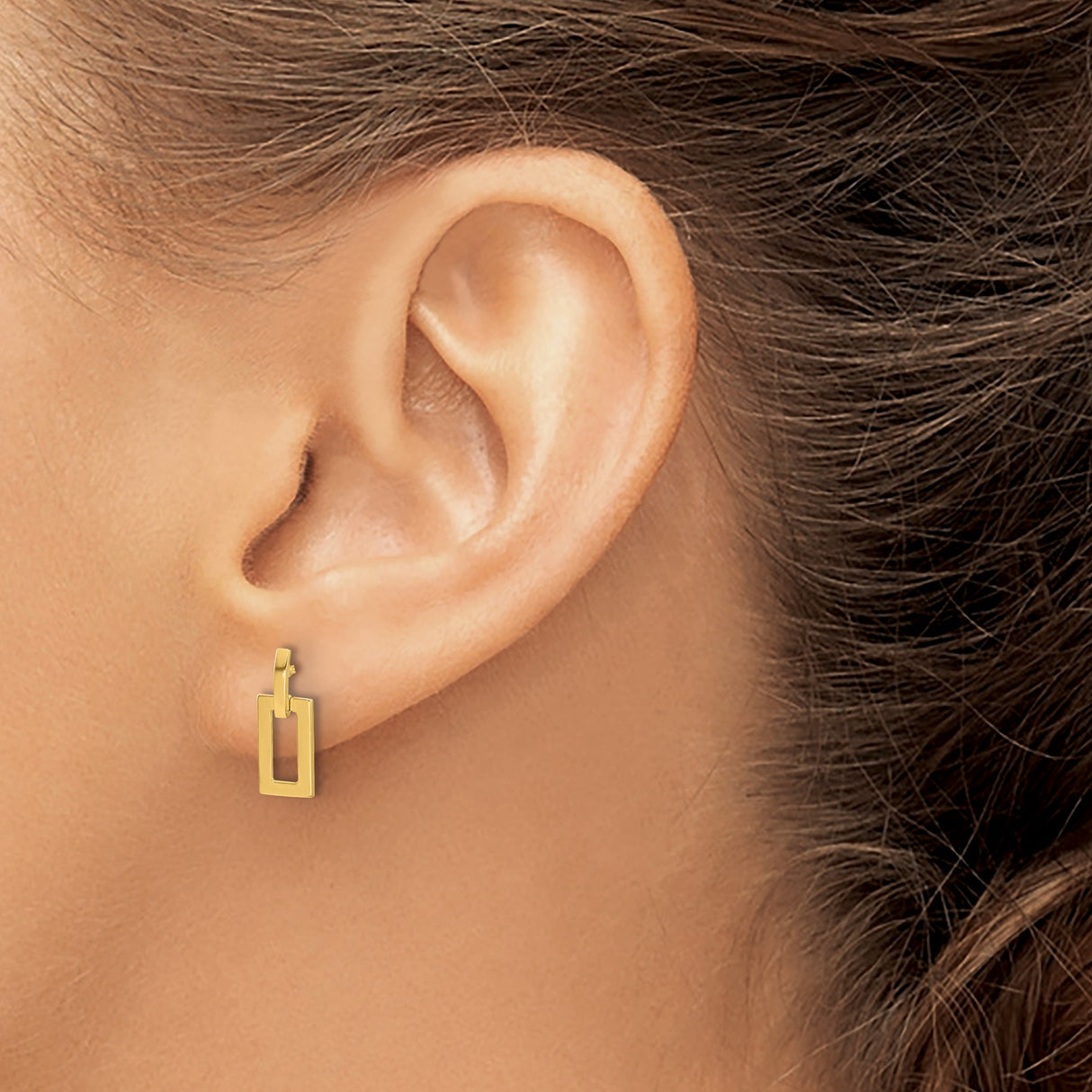 14k Yellow Gold Dangle Stud Earrings with Open Rectangle Geometric Design
