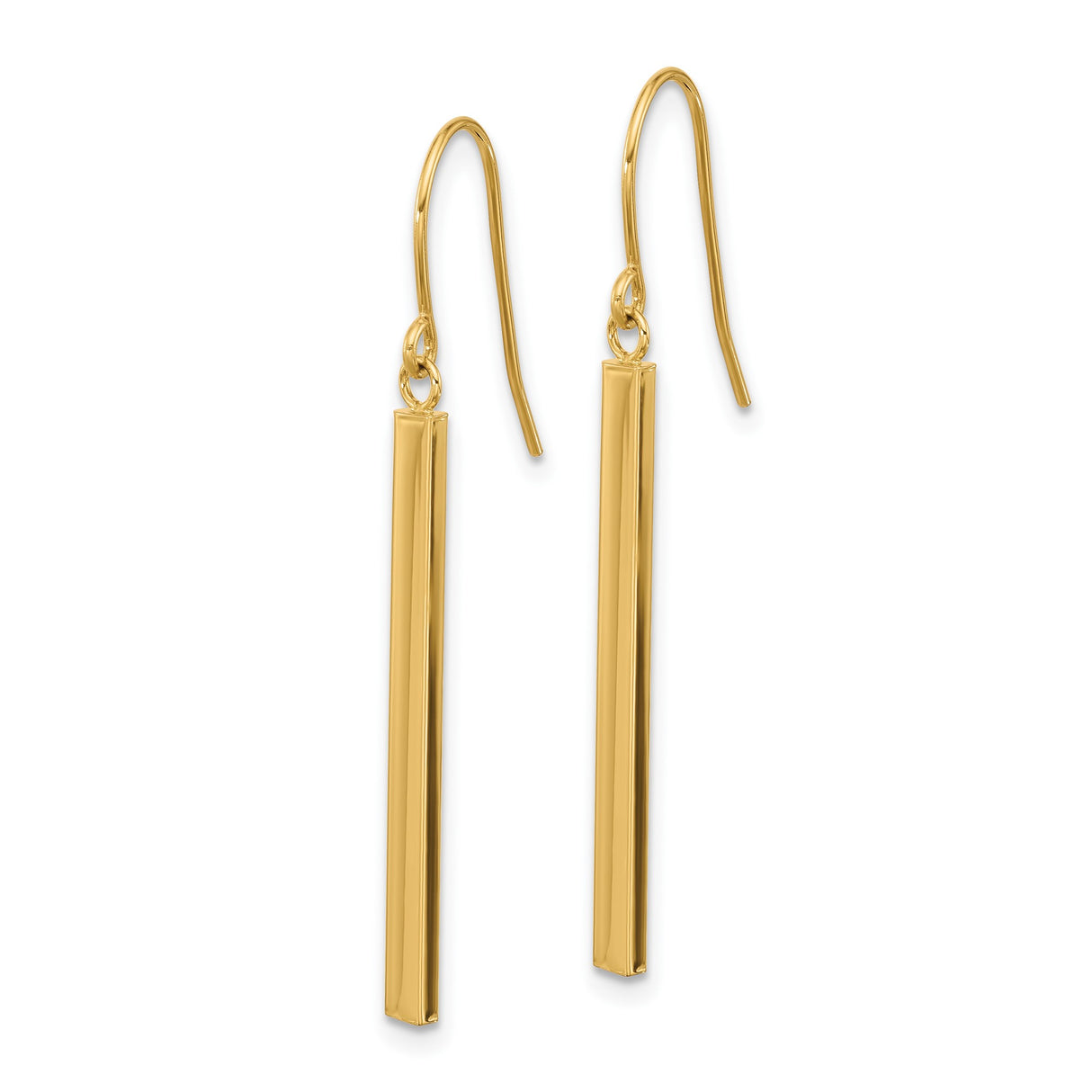 14k Yellow Gold Drop Earrings, Minimalist Vertical Bar Design, Polished Long Dangles for Women