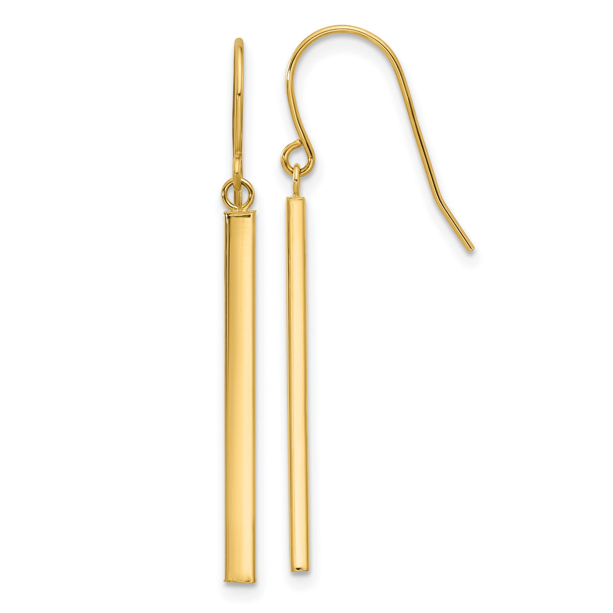 14k Yellow Gold Drop Earrings, Minimalist Vertical Bar Design, Polished Long Dangles for Women