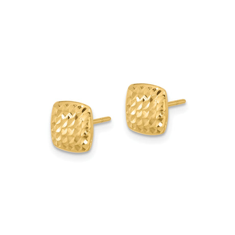 14k Yellow Gold Stud Earrings with Cushion Cut Diamond Textured Design