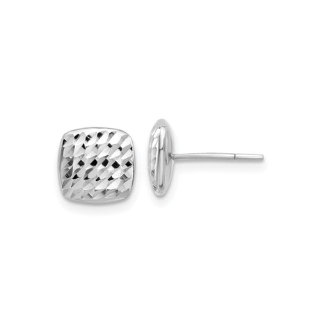 14k White Gold Cushion Cut Stud Earrings with Diamond Cut Textured Finish