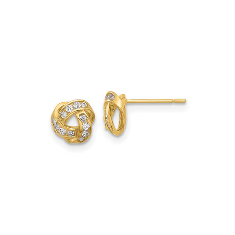 14k Yellow Gold Love Knot Stud Earrings for Women with Intertwined Knot Design and Sparkling Round Cut Cubic Zirconia, Symbol of Eternal Love, Fine Jewelry for Formal Wear or Everyday Elegance