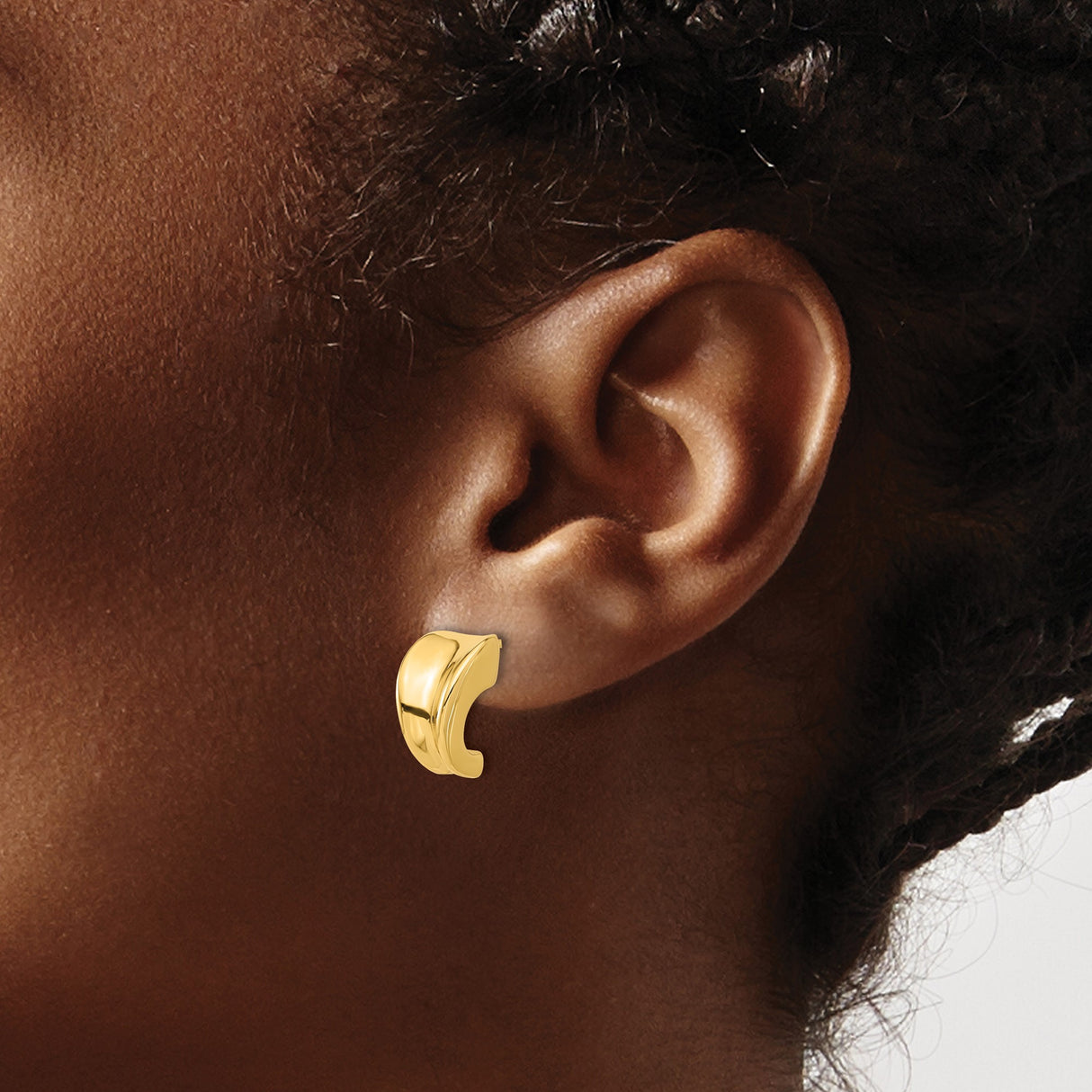 14k Yellow Gold Hoop Stud Earrings, Sculptural J Hoops with Polished Finish, Modern Bold Design