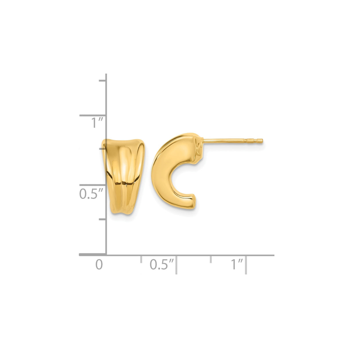 14k Yellow Gold Hoop Stud Earrings, Sculptural J Hoops with Polished Finish, Modern Bold Design