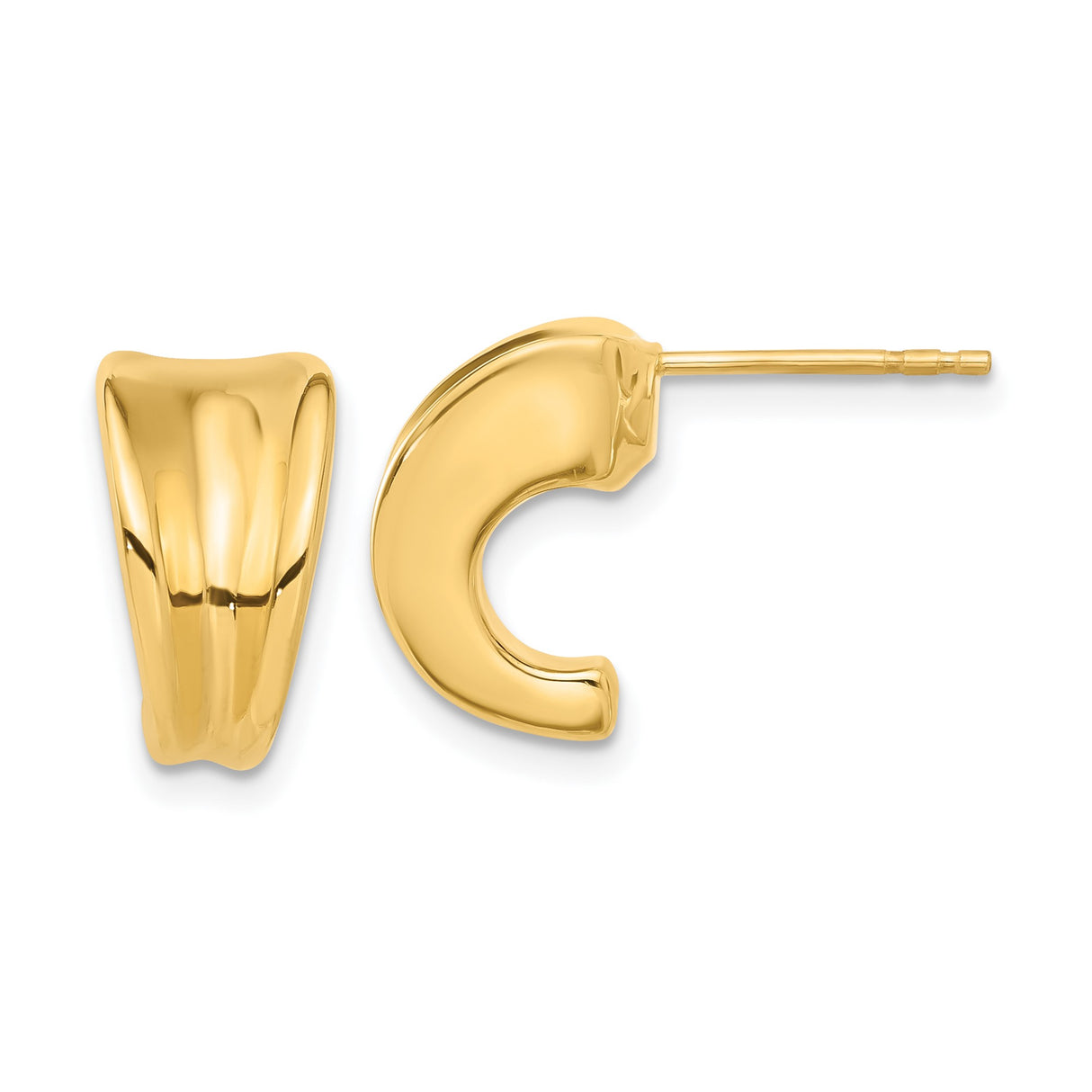 14k Yellow Gold Hoop Stud Earrings, Sculptural J Hoops with Polished Finish, Modern Bold Design