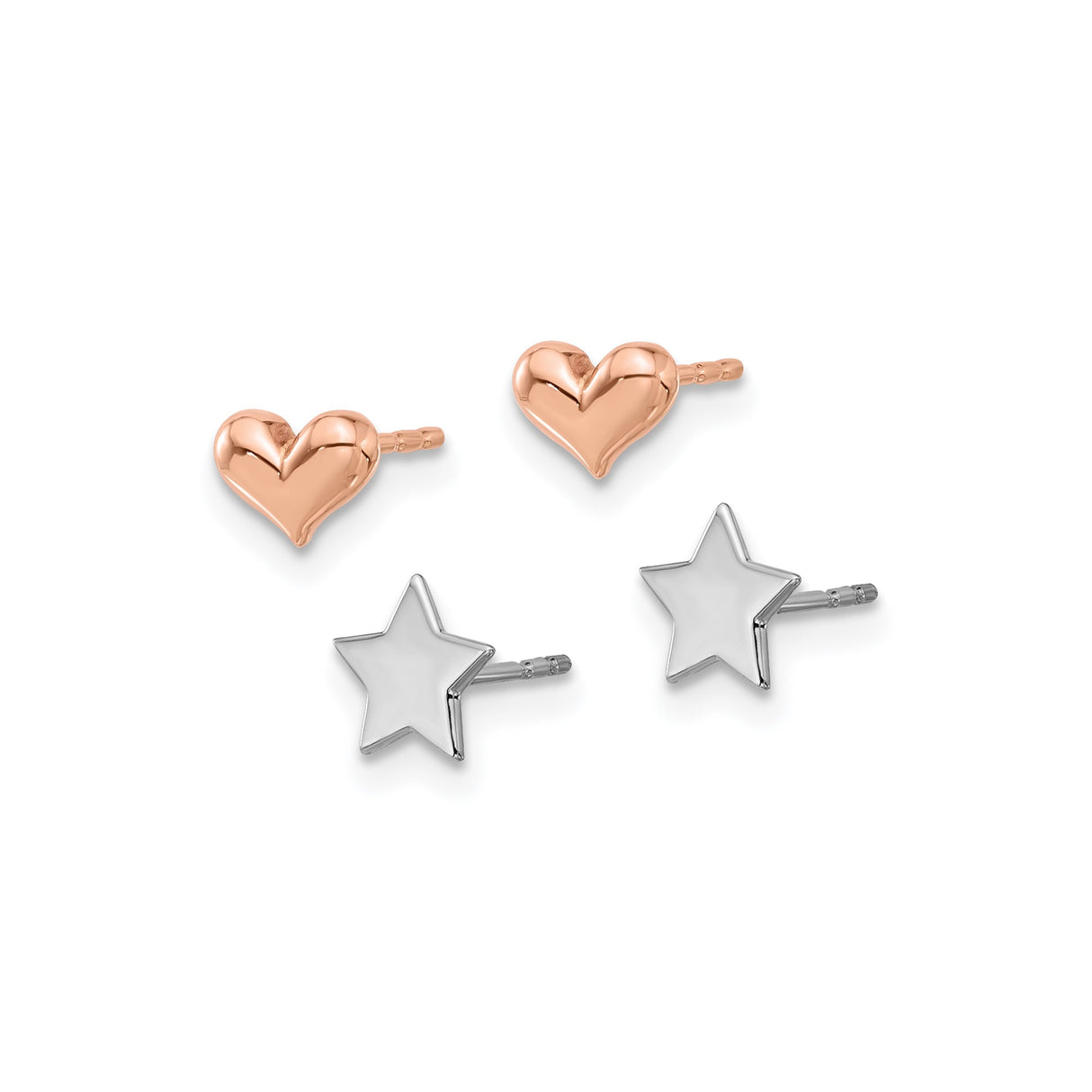 14k Two Tone Gold Stud Earrings with Rose Gold Heart and White Gold Star Design