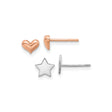 14k Two Tone Gold Stud Earrings with Rose Gold Heart and White Gold Star Design