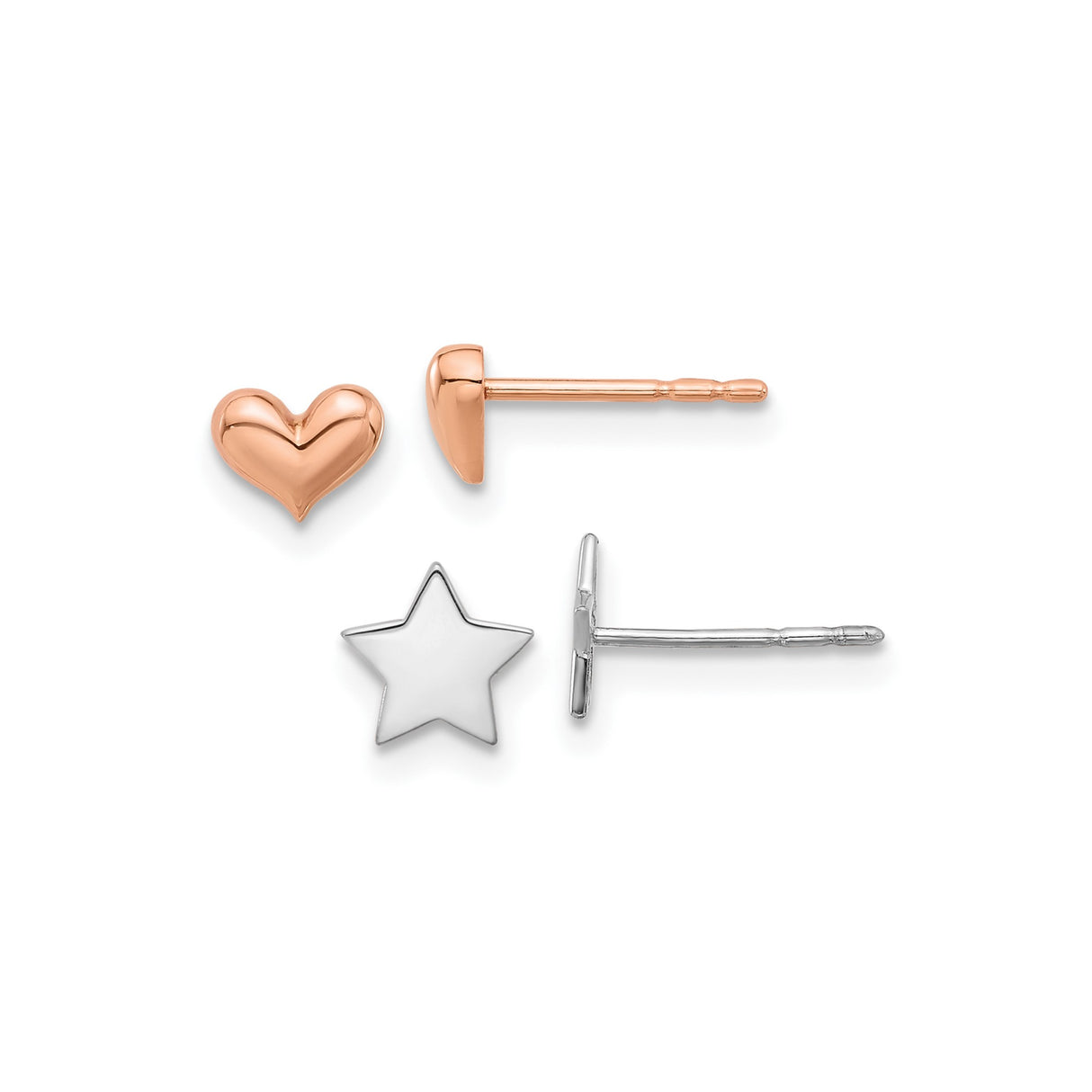 14k Two Tone Gold Stud Earrings with Rose Gold Heart and White Gold Star Design