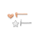 14k Two Tone Gold Stud Earrings with Rose Gold Heart and White Gold Star Design