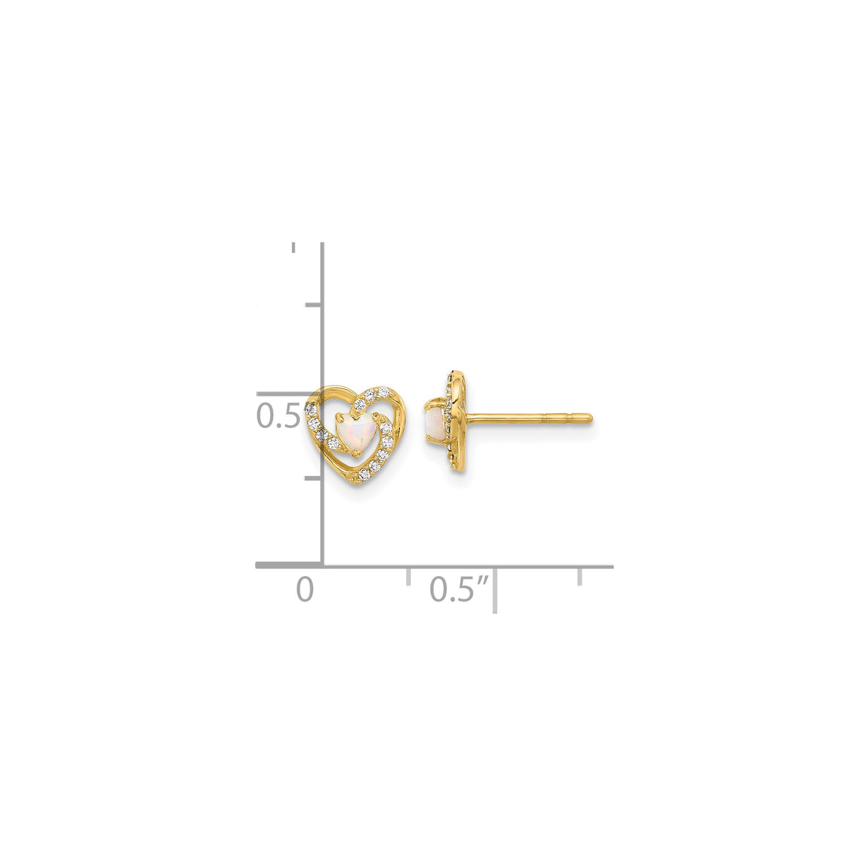 14k Yellow Gold Heart Stud Earrings with Opal and Cubic Zirconia Accents for Women