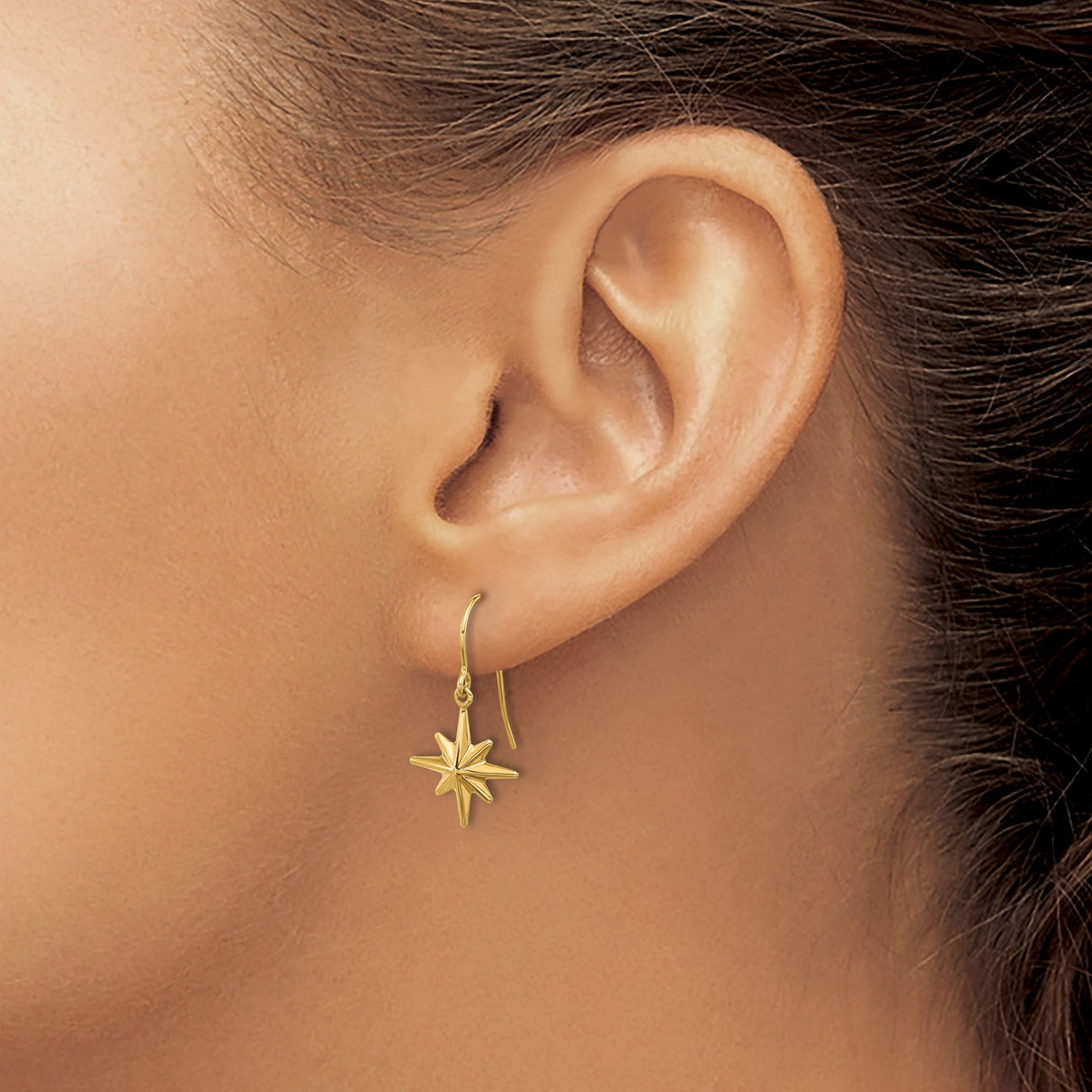 14k Yellow Gold Dangle Earrings, Eight-Pointed North Star, Celestial Minimalist Boho Style