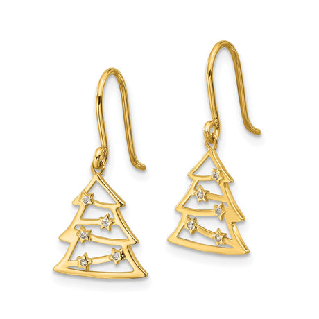 14k Yellow Gold Dangle Earrings with Cubic Zirconia, Openwork Christmas Tree and Star Design