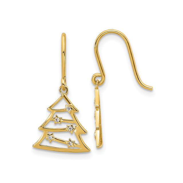 14k Yellow Gold Dangle Earrings with Cubic Zirconia, Openwork Christmas Tree and Star Design