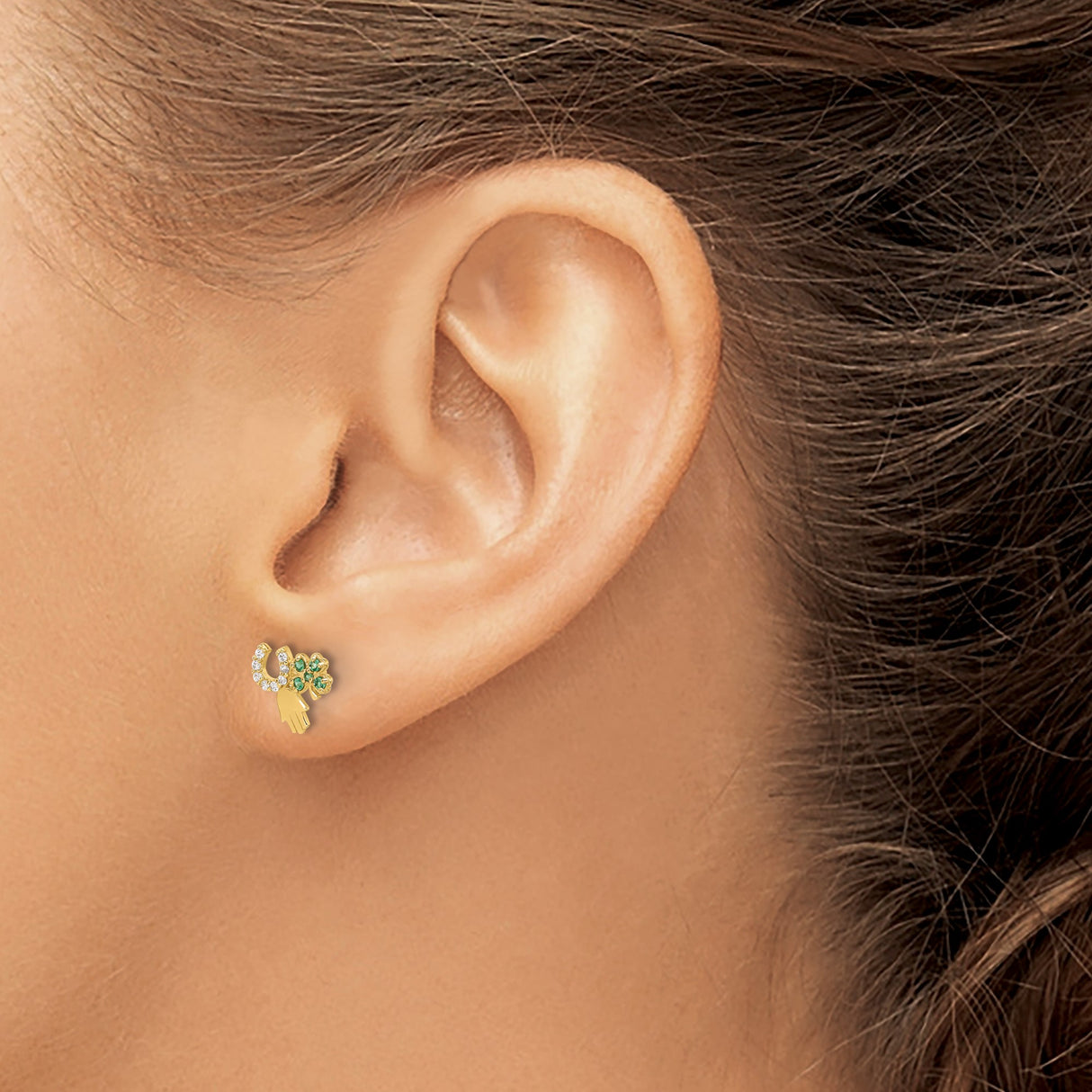 14k Yellow Gold Stud Earrings with Cubic Zirconia, Four Leaf Clover, Hamsa, and Horseshoe Motifs