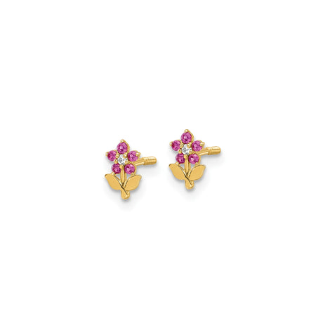 14k Yellow Gold Flower Stud Earrings with Pink and White Cubic Zirconia, Floral Design