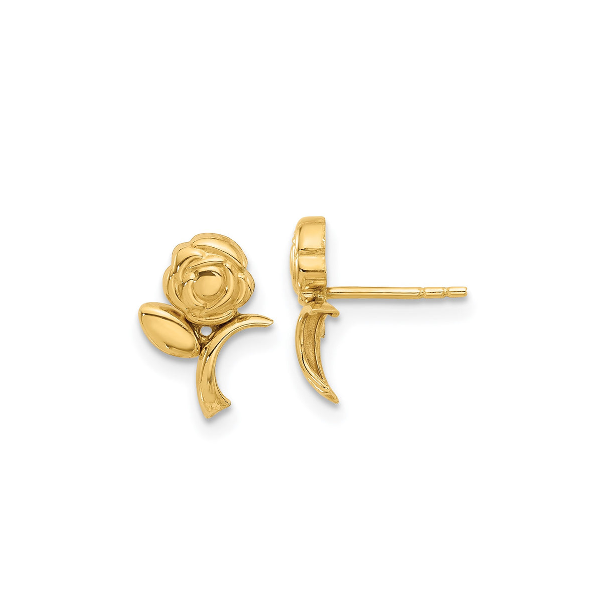 14k Yellow Gold Rose Stud Earrings with Detailed Flower and Leaf Design