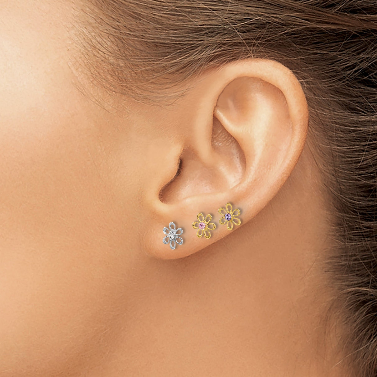 14k Yellow Gold Flower Stud Earrings with Cubic Zirconia, Open Petal Daisy Design