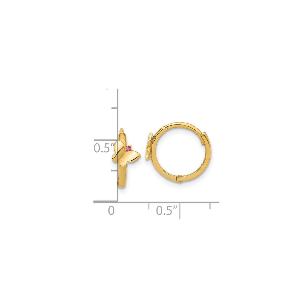 14k Yellow Gold Butterfly Hoop Earrings with Pink Gemstone Accent, Nature-Inspired Design