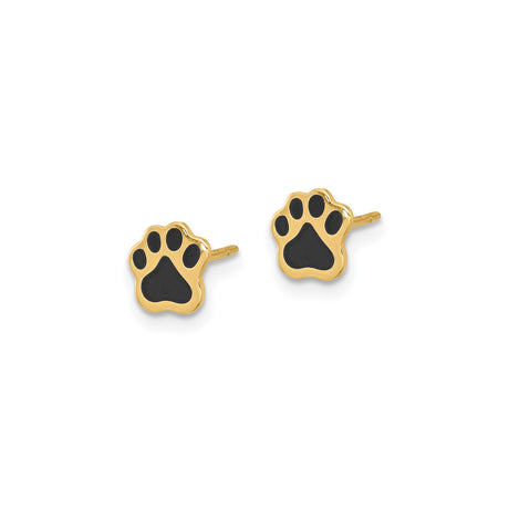 14k Yellow Gold Stud Earrings with Black Enamel Paw Print, Animal Theme Jewelry for Pet Lovers