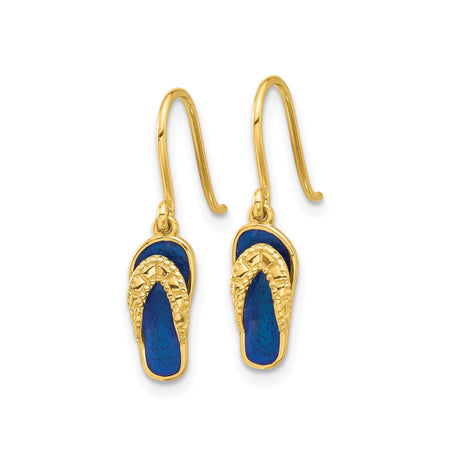 14k Yellow Gold Flip Flop Dangle Earrings with Blue Enamel, Textured Beach Style for Women