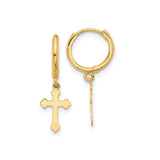 14k Yellow Gold Hoop Earrings with Decorative Cross Charm, Christian Religious Dangle Style