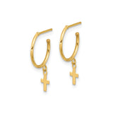 14k Yellow Gold Hoop Earrings with Dangling Cross Charms, Polished Christian Jewelry for Women