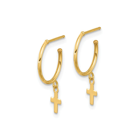 14k Yellow Gold Hoop Earrings with Dangling Cross Charms, Polished Christian Jewelry for Women