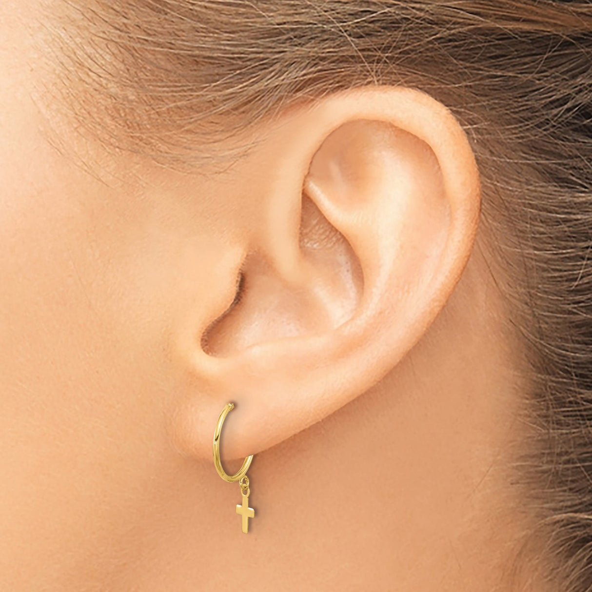 14k Yellow Gold Hoop Earrings with Dangling Cross Charms, Polished Christian Jewelry for Women