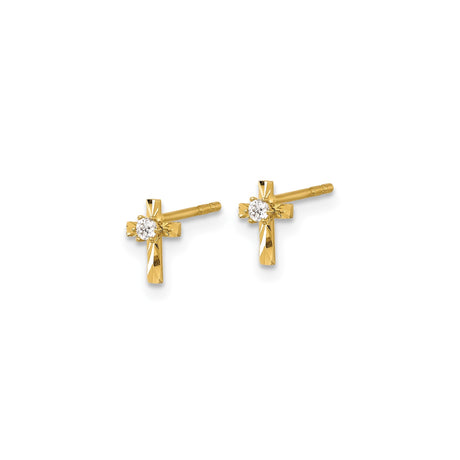 14k Yellow Gold Cross Stud Earrings with Cubic Zirconia Center and Ray Design