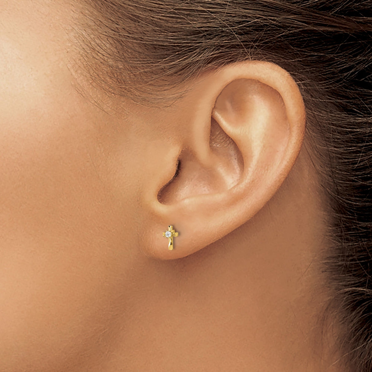 14k Yellow Gold Cross Stud Earrings with Cubic Zirconia Center and Ray Design
