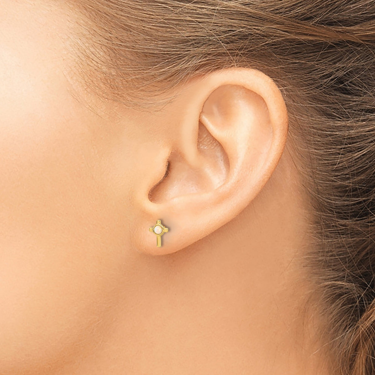 14k Yellow Gold Cross Stud Earrings with Round Created Opal Center