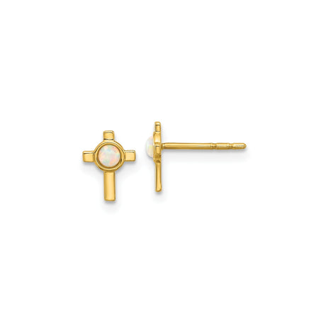 14k Yellow Gold Cross Stud Earrings with Round Created Opal Center