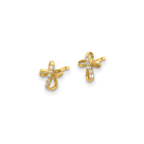 14k Yellow Gold Cross Stud Earrings with Cubic Zirconia, Looped Openwork Design