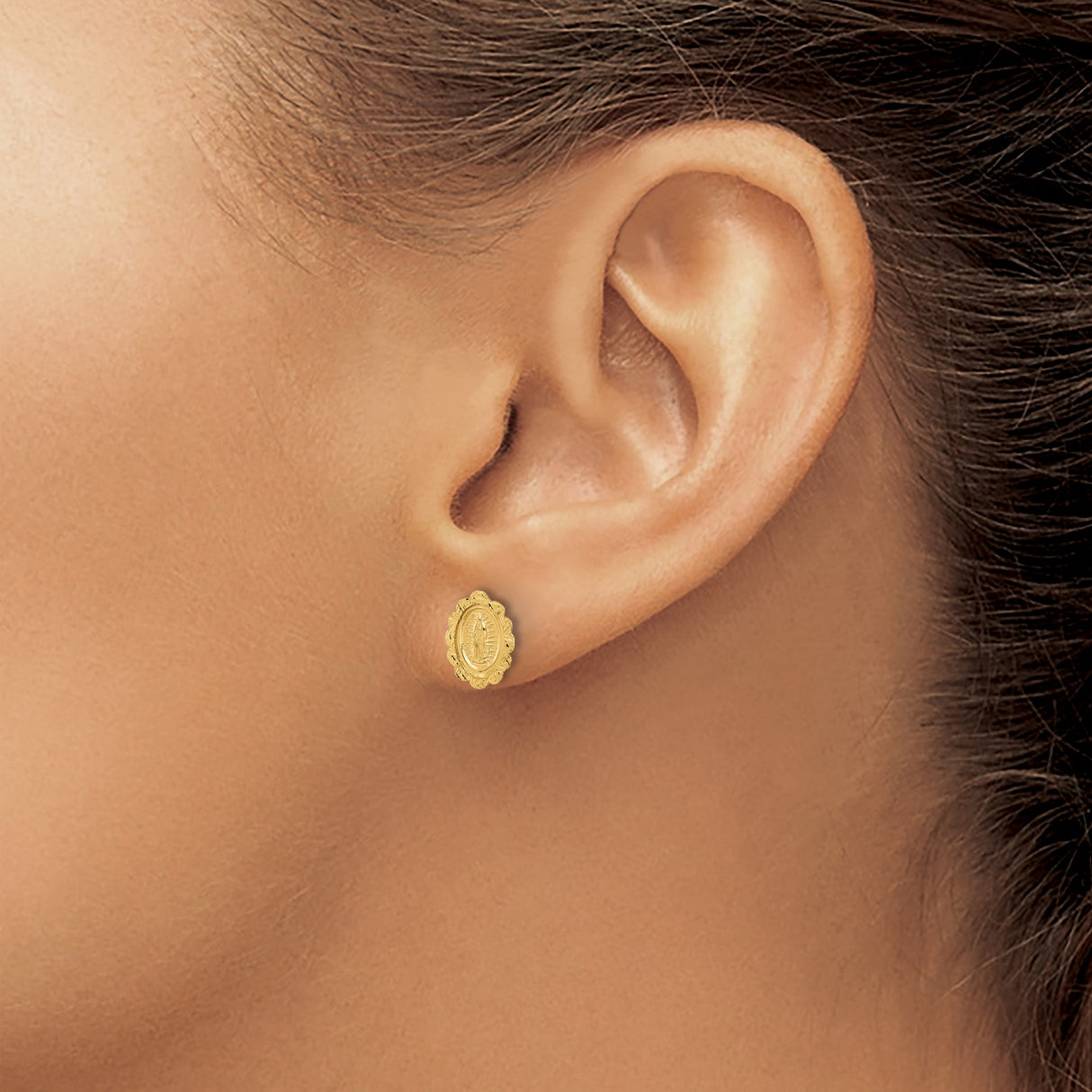 14K Yellow Gold Guadalupe Stud Earrings Virgin Mary Medal