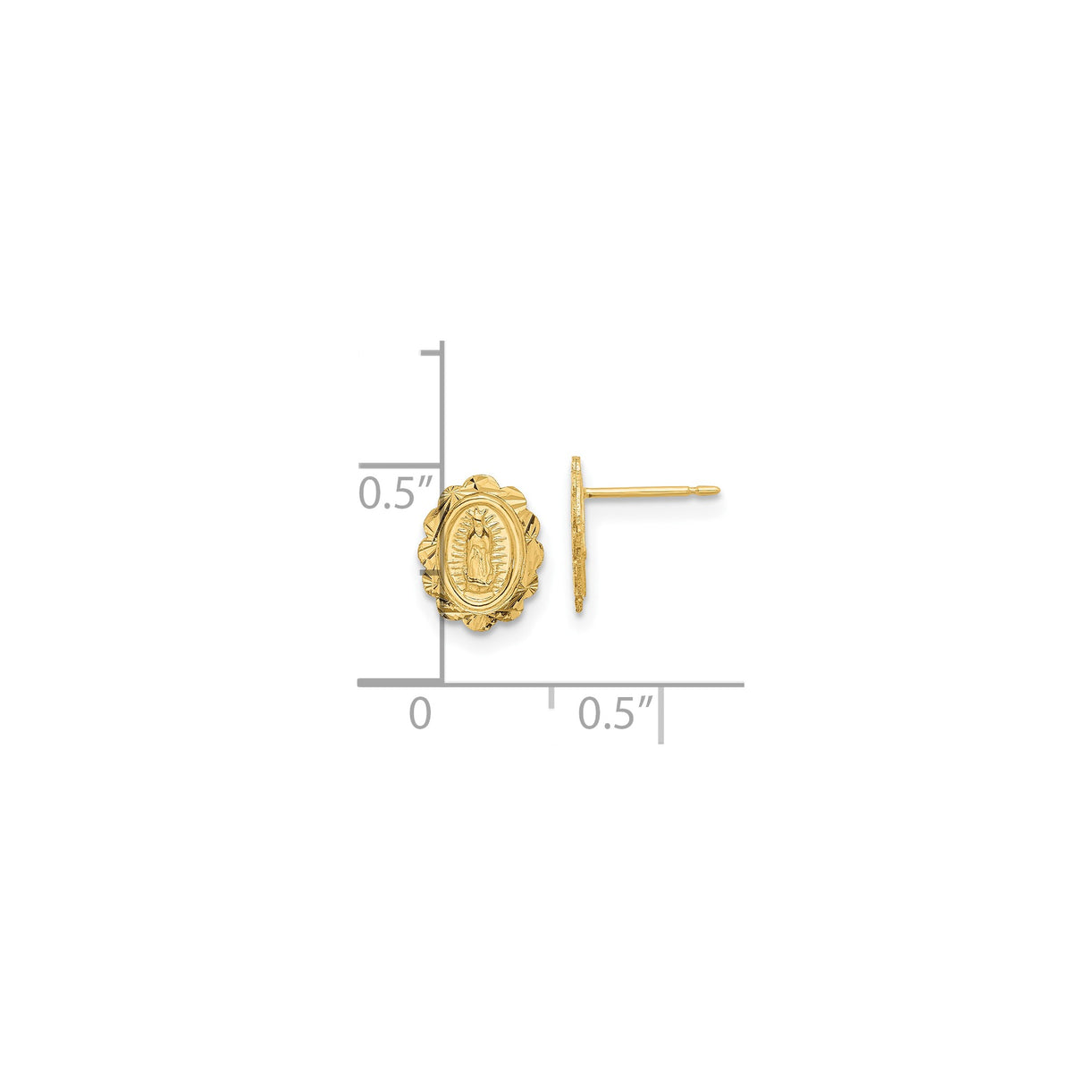 14K Yellow Gold Guadalupe Stud Earrings Virgin Mary Medal
